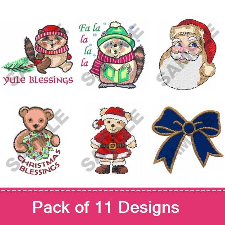 Christmas and Holiday Characters Embroidery Designs Bundle – Raccoon with Sweater, Santa Claus, Bear with Wreath & More (11 Designs)