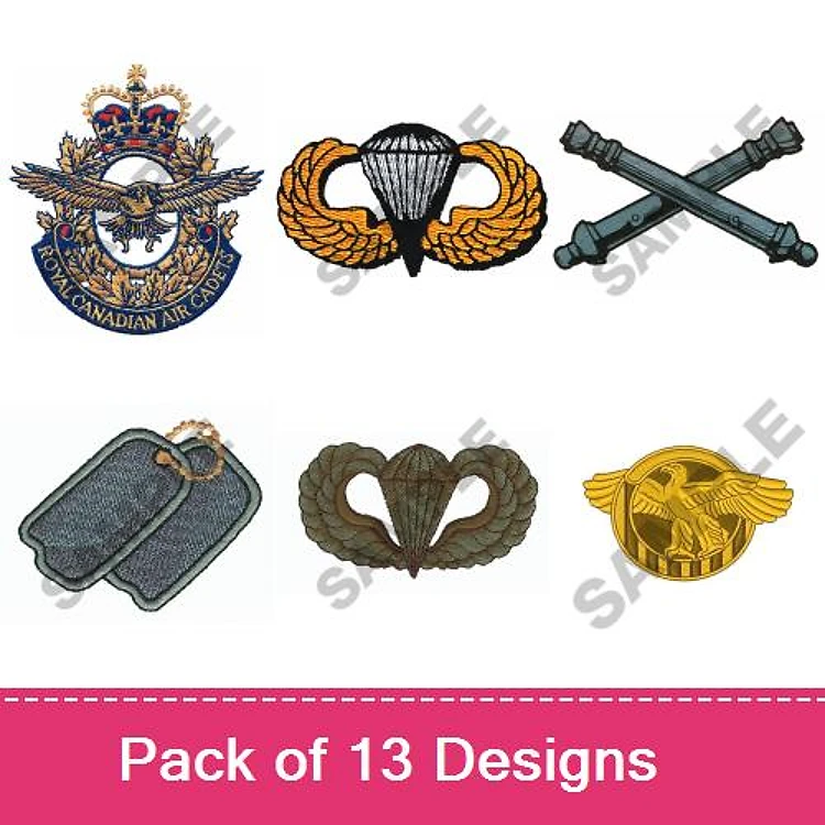 Military Insignia Embroidery Designs Bundle – Royal Canadian Air Force Badge, Parachute Wings, Dog Tags & More (13 Designs)