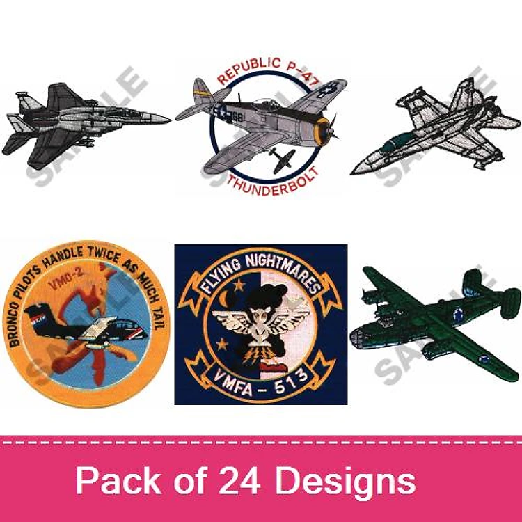Military Aircraft Patches Embroidery Bundle – Republic P-47 Thunderbolt, F-16 Fighting Falcon, C-130 Hercules & More (24 Designs)