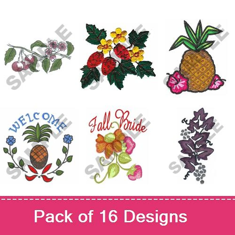 Seasonal Fruit & Floral Embroidery Designs Bundle – Strawberry Floral, Pineapple, Mixed Berry Cluster & More (16 Designs)