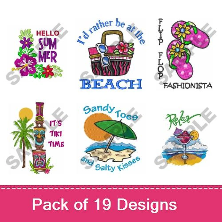 Summer Beach Embroidery Designs Bundle – Hello Summer, Tiki Time, Sandy Toes & More (19 Designs)