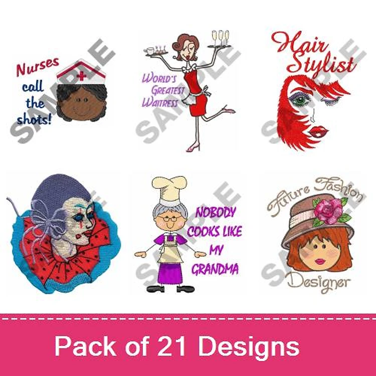 Women’s Professions & Hobbies Embroidery Designs Bundle – Nurse Cartoon, Hair Stylist, Grandmother Cooking & More (21 Designs)