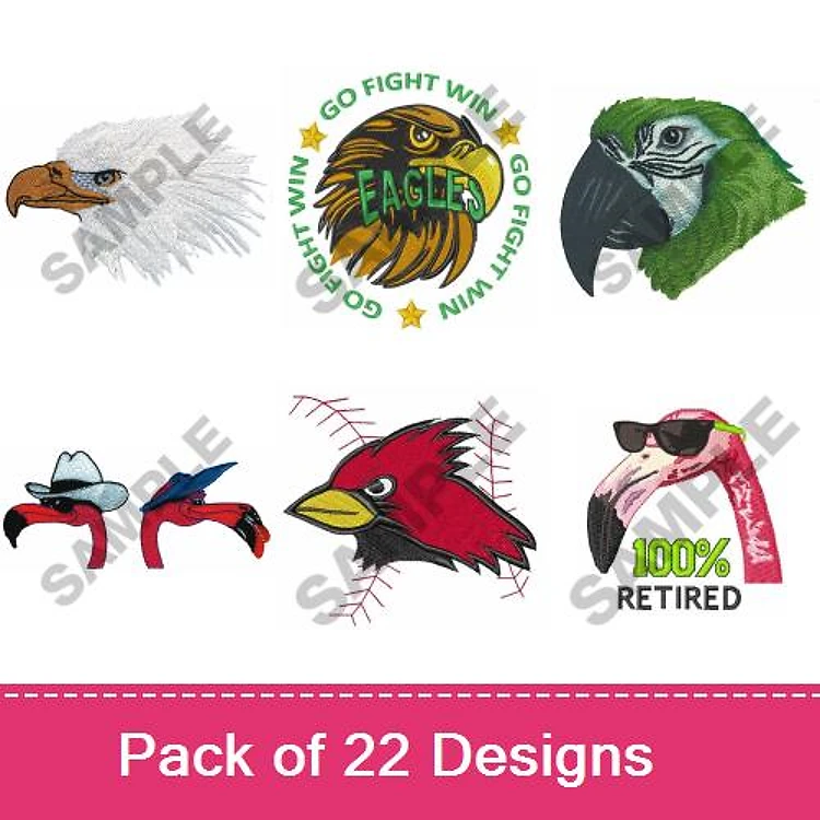 Birds Embroidery Bundle – Eagle Head, Cardinal Bird, Green Parrot Head & More (22 Designs)