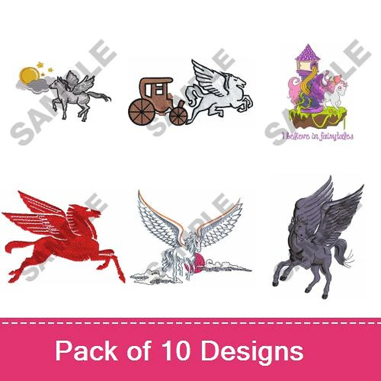 Pegasus & Fairytale Elements Embroidery Designs Bundle – Pegasus with Sun, Chariot with Pegasus, Fairy Tale Castle & More (10 Designs)