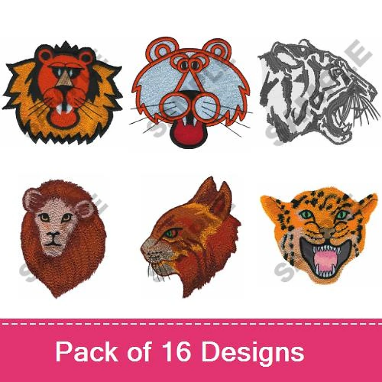 Wild Animal Embroidery Bundle – Lion Face, Bear Face, Tiger Face & More (16 Designs)