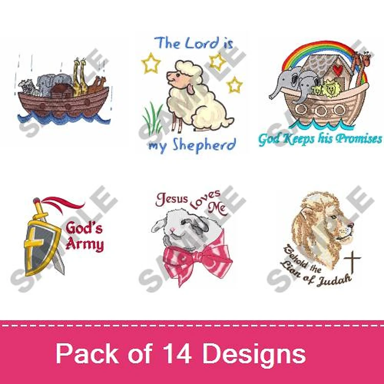 Religious & Inspirational Themes Embroidery Designs Bundle – Noah's Ark, The Lord is my Shepherd, Lion of Judah & More (14 Designs)