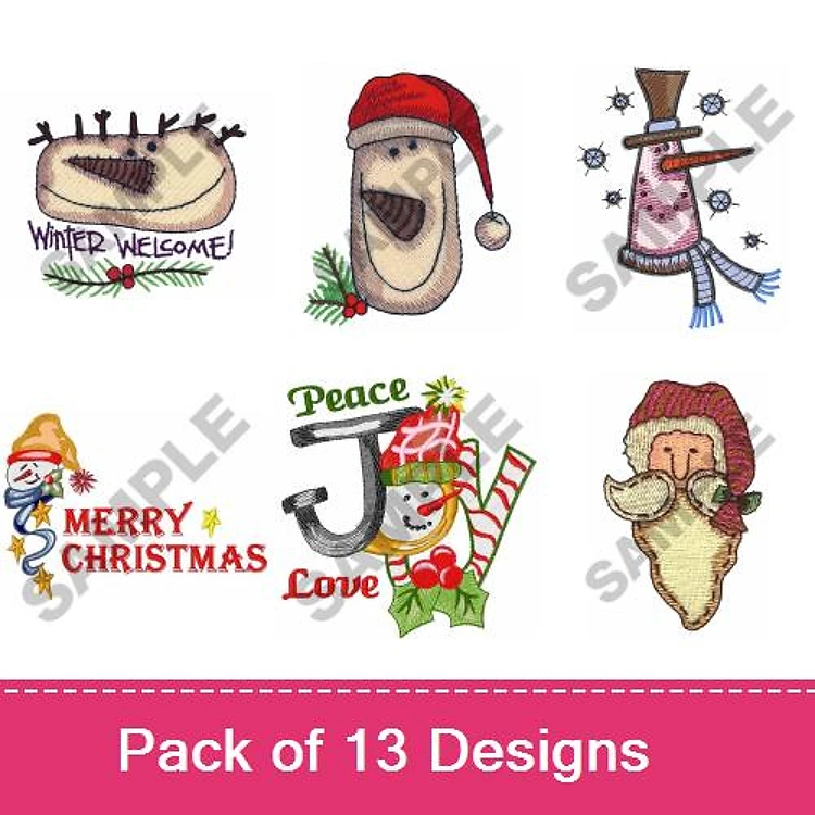 Christmas Greetings Embroidery Designs Bundle – Winter Welcome, Snowman with Hat, Santa Face & More (13 Designs)