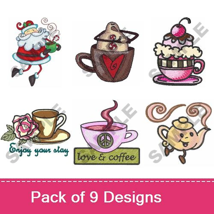Coffee & Holiday Embroidery Designs Bundle – Santa Claus, Coffee Cup with Heart, Cupcake with Cherry & More (9 Designs)