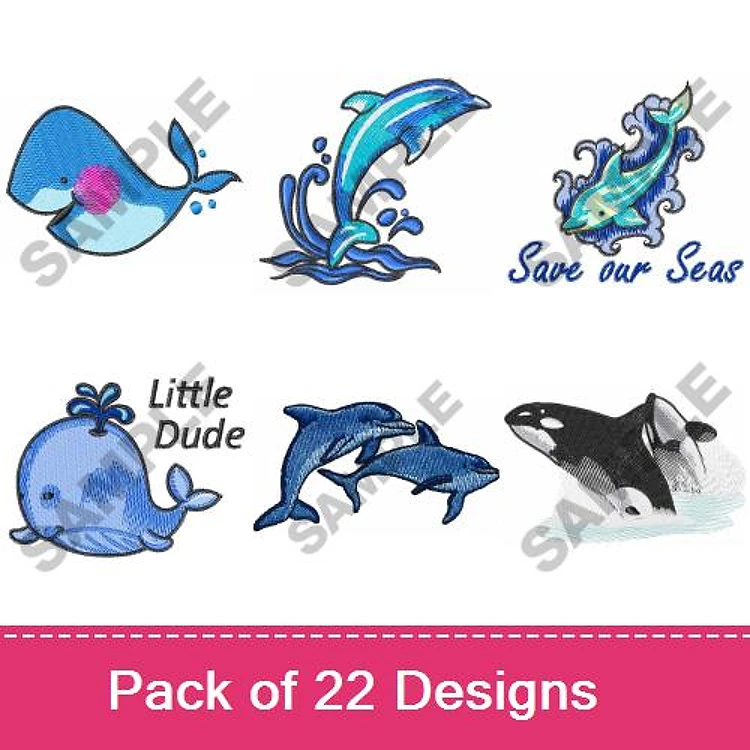 Sea Life Embroidery Designs Bundle – Whale, Dolphin, Salmon, Orca & More (22 Designs)