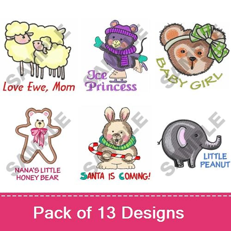 Child & Holiday Embroidery Bundle – Love Ewe, Mom, Ice Princess, Nana's Little Honey Bear & More (13 Designs)