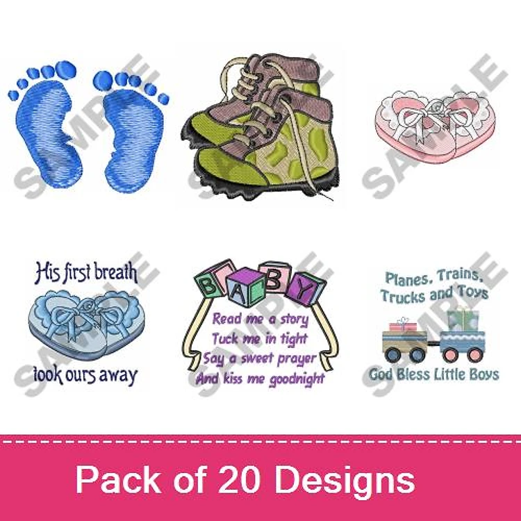 Baby Footprints & Phrases Embroidery Designs Bundle – Baby Feet, Baby Shoes, Read Me a Story & More (20 Designs)