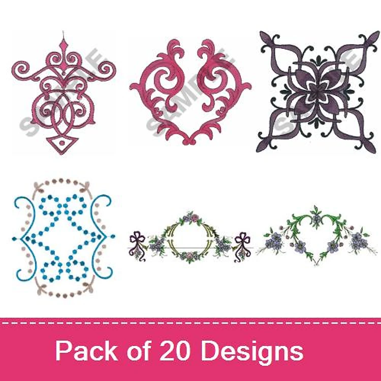 FSL Ornate Lace Embroidery Designs Bundle – Lace Heart, Lace Floral Medallion, Lace Ornament & More (20 Designs)