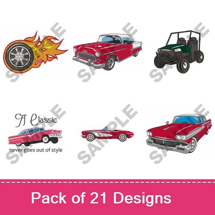 Classic Cars and Automobiles Embroidery Designs Bundle – Flaming Tire, Classic Car, Red Sports Car & More (21 Designs)