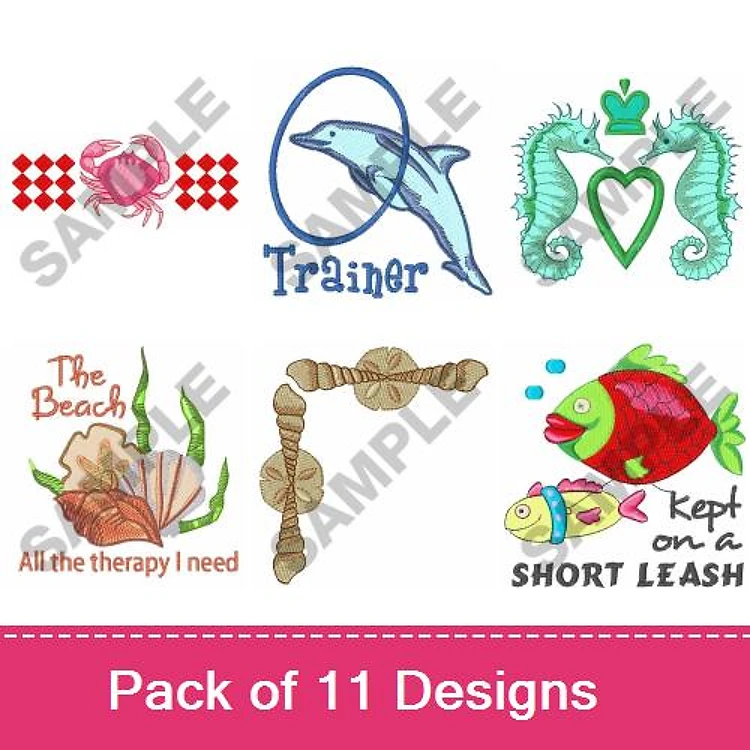 Marine Life Embroidery Designs Bundle – Crab, Dolphin, Seahorse, Seashells & More (11 Designs)