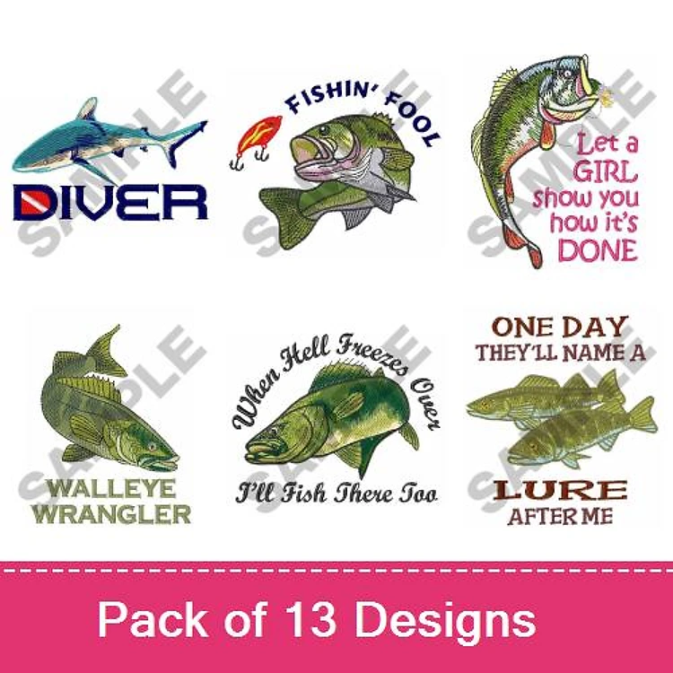 Fishing-themed Embroidery Designs Bundle – Diver, Fishin' Fool, Walleye Wrangler & More (13 Designs)