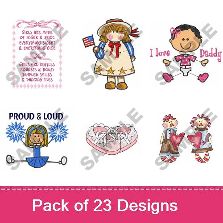 Children and Family Embroidery Designs Bundle – Girl with American Flag, I Love Daddy, Proud Angel & More (23 Designs)