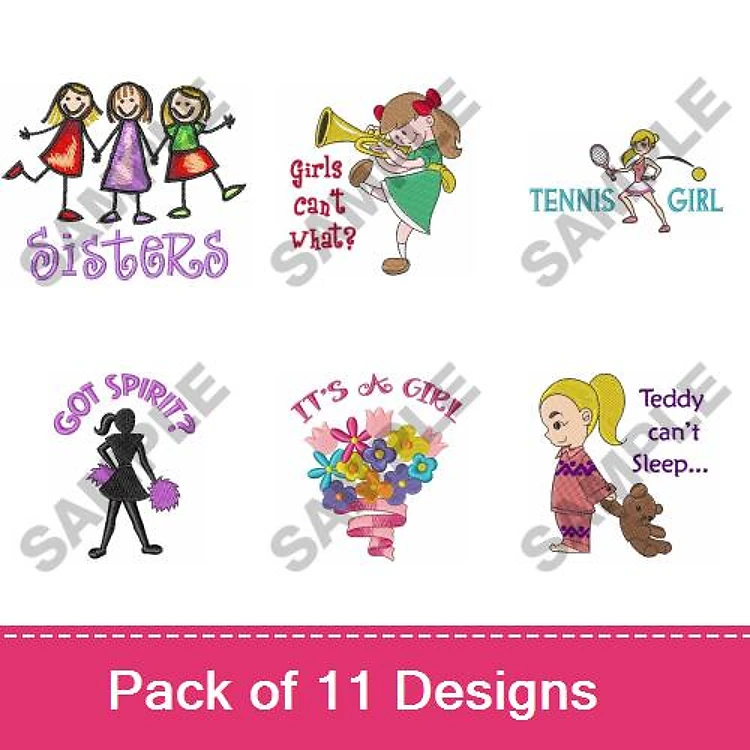 Girl-Themed Embroidery Designs Bundle – Sisters, Tennis Girl, Got Spirits & More (11 Designs)