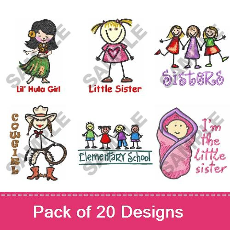 Sisterhood & Childhood Embroidery Designs Bundle – Li'l Hula Girl, Cowgirl, Little Sister & More (20 Designs)