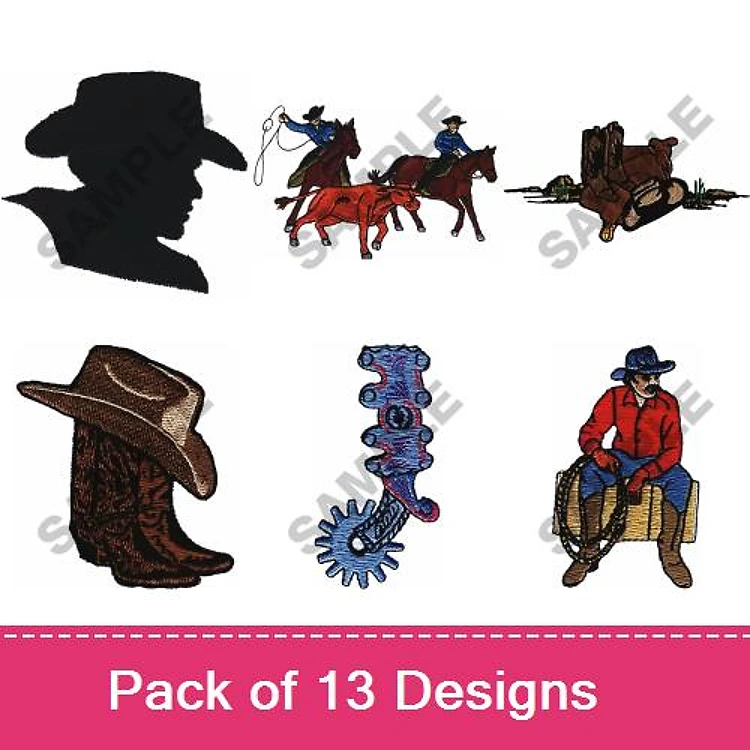 Cowboy & Ranch Embroidery Designs Bundle – Cowboy Silhouette, Rancher on Horseback, Cowboy Hat & More (13 Designs)