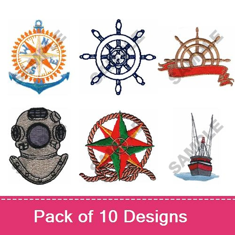 Nautical Themes Embroidery Designs Bundle – Nautical Compass, Ship Wheel, Diving Helmet & More (10 Designs)