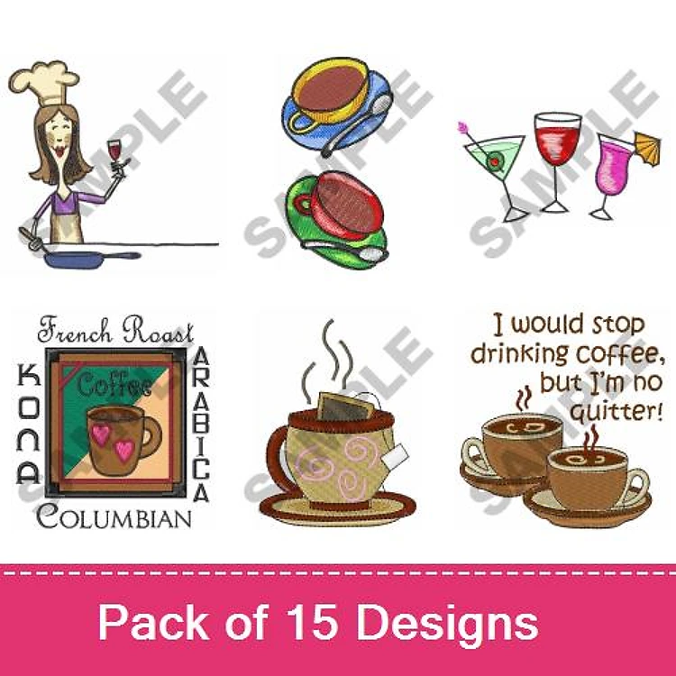 Coffee & Beverage Embroidery Designs Bundle – Coffee Chef, Martini Glass, Cocktail Glass & More (15 Designs)