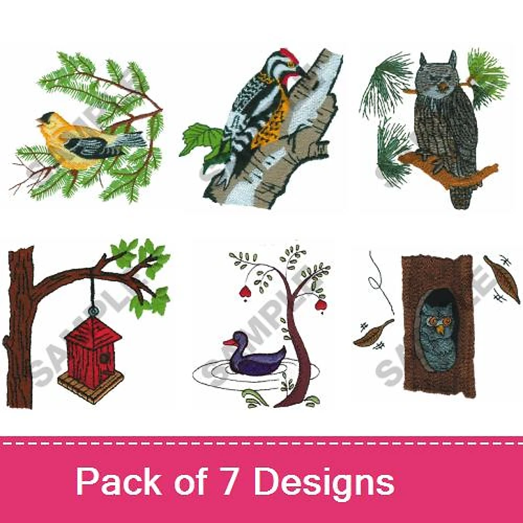 Birds and Nature Embroidery Bundle – Goldfinch, Woodpecker, Owl, Duck & More (7 Designs)