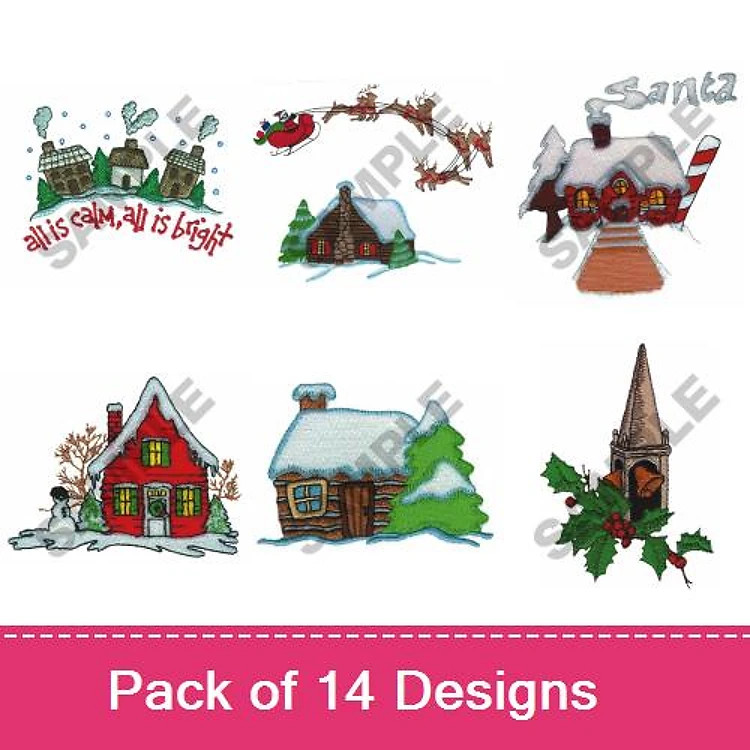 Christmas Cottage Scenes Embroidery Designs Bundle – Santa with Sleigh, Snowy Cottages, Holly & More (14 Designs)