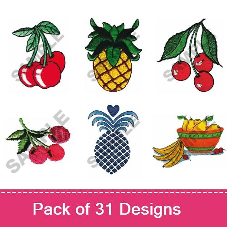 Fruit-Themed Embroidery Designs Bundle – Cherries with Leaves, Pineapple, Raspberry Bunch & More (31 Designs)