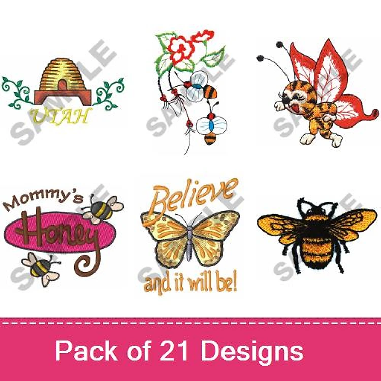 Bees and Butterflies Embroidery Designs Bundle – Beehive, Honeybee, Butterfly & More (21 Designs)