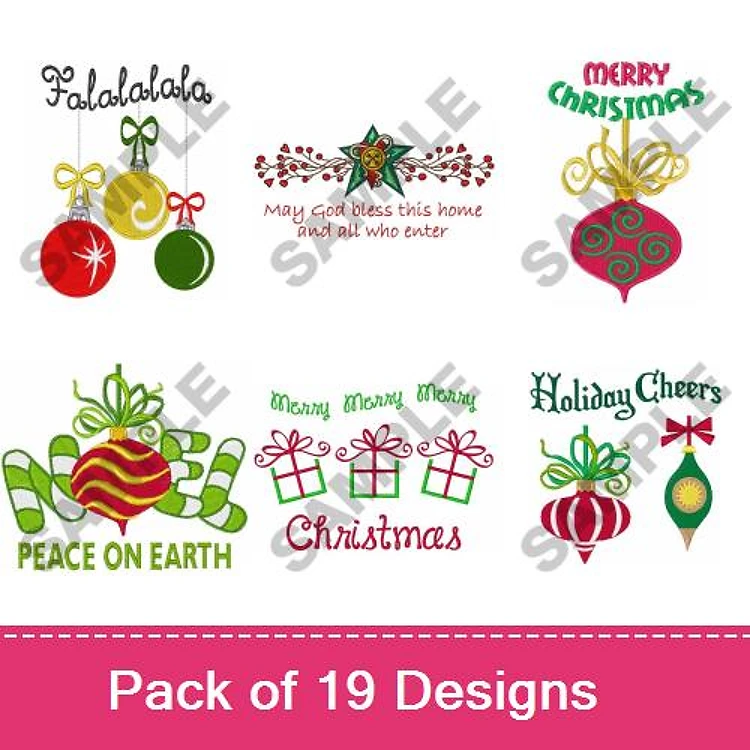 Christmas Ornament & Greeting Embroidery Designs Bundle – Merry Christmas Ornament, Peace on Earth, & More (19 Designs)