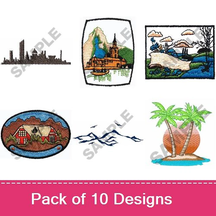 Landscape & Cityscape Embroidery Designs Bundle – City Skyline, Mountain Landscape, Lake Scene & More (10 Designs)