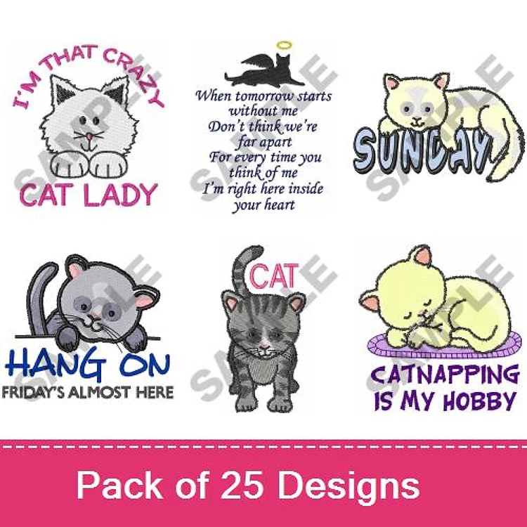 Cat-Themed Sayings Embroidery Designs Bundle – I'm That Crazy Cat Lady, Sunday Cat, Hang On - Friday's Almost Here & More (25 Designs)