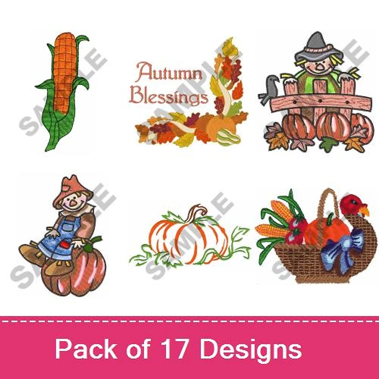 Autumn Harvest Embroidery Designs Bundle – Corn Cob, Scarecrow, Pumpkin & More (17 Designs)