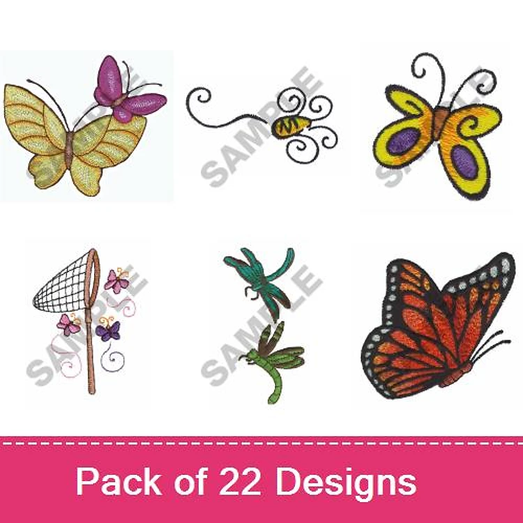 Butterflies & Insects Embroidery Designs Bundle – Butterfly with Pink and Purple Wings, Dragonfly, Bee with Swirl & More (22 Designs)
