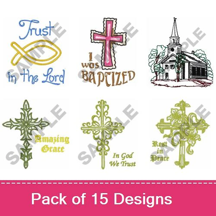 Religious Faith Embroidery Designs Bundle – Trust in the Lord, Baptism Cross, Church Scene & More (15 Designs)