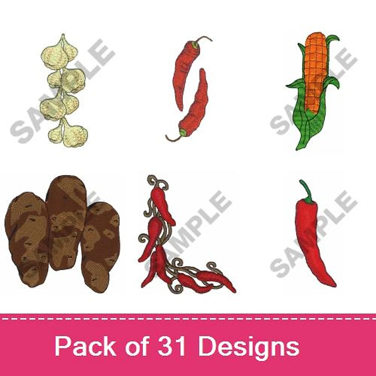 Chili Pepper & Garlic Embroidery Designs Bundle – Garlic Bulb, Red Chili Pepper, Green Chili Pepper & More (31 Designs)
