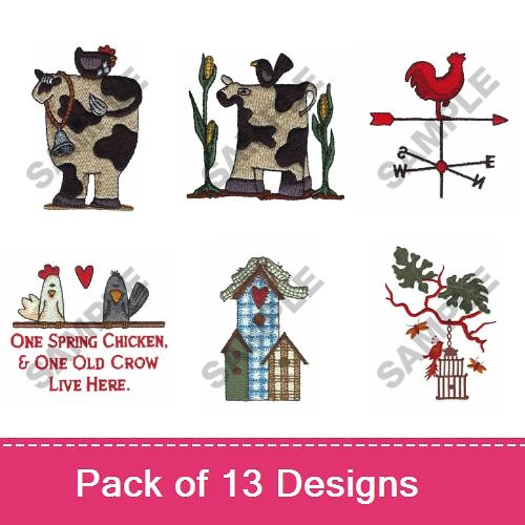Farm Animal Embroidery Bundle – Cow, Rooster Vane, Chicken Family & More (13 Designs)