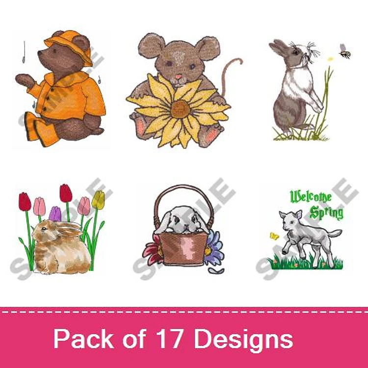 Spring Animals and Flowers Embroidery Designs Bundle – Bear in Orange Outfit, Mouse with Sunflower, Rabbit with Grass & More (17 Designs)