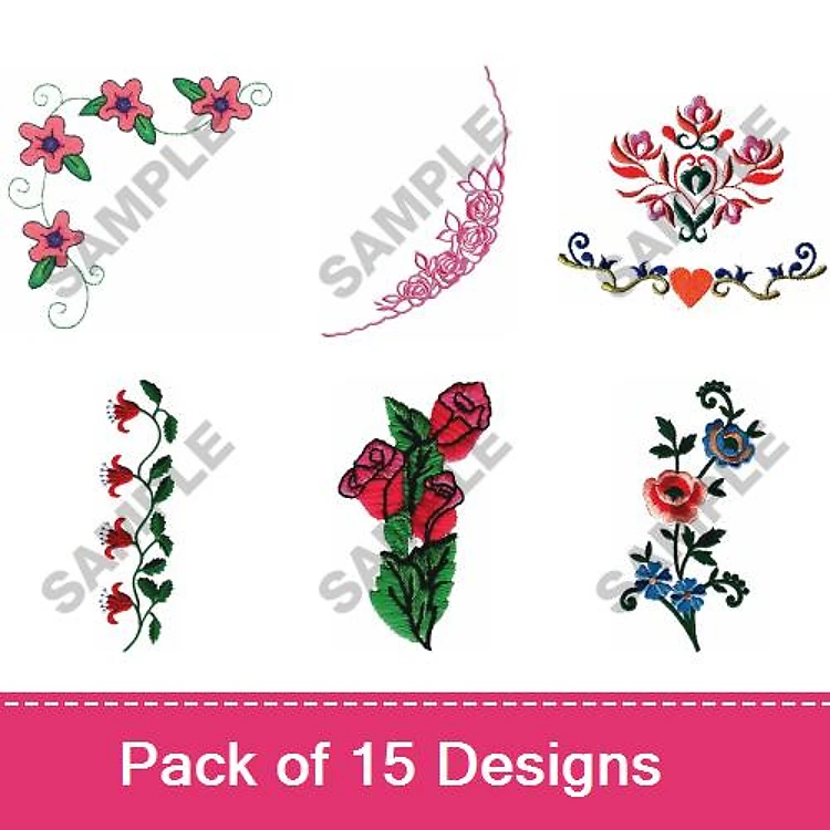 Floral Embroidery Bundle – Flower Cluster, Floral Border, Rose Bouquet & More (15 Designs)
