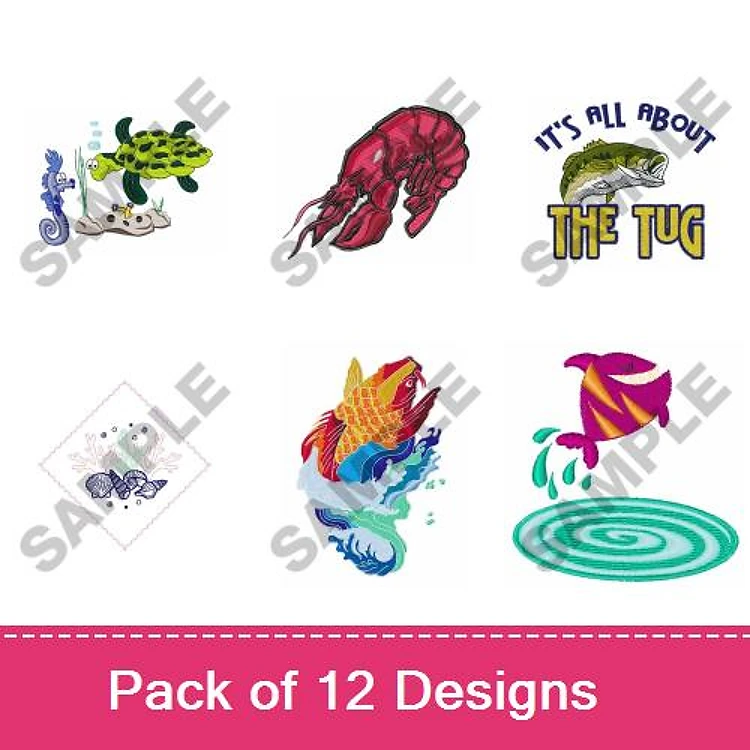 Marine Life & Fishing Embroidery Designs Bundle – Sea Turtle, Lobster, Colorful Fish & More (12 Designs)