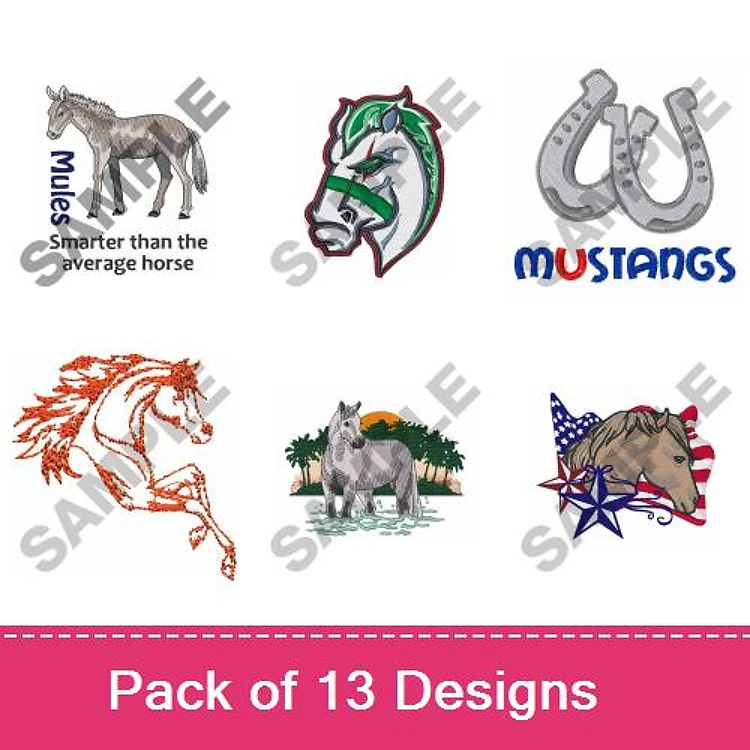 Horse-Themed Embroidery Designs Bundle – Mule with Quote, Running Horse, Horse with American Flag & More (13 Designs)