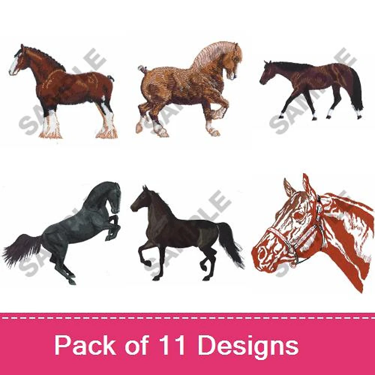 Horse Embroidery Bundle – Bay Horse, Chestnut Horse, Black Horse & More (11 Designs)