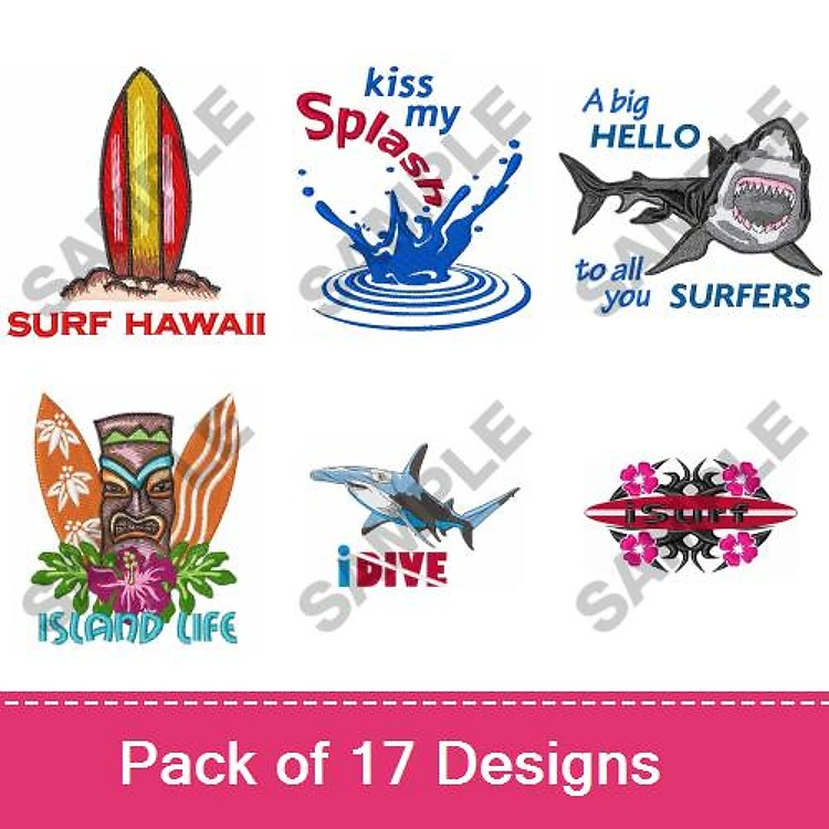 Surfing & Island Life Embroidery Designs Bundle – Surf Hawaii, Kiss My Splash, Island Life Tiki & More (17 Designs)