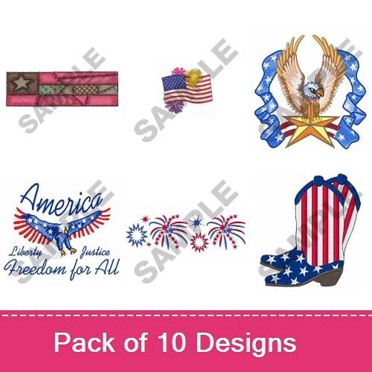 Patriotic Themes Embroidery Designs Bundle – Eagle Emblem, USA Flag Patch, Fireworks & More (10 Designs)