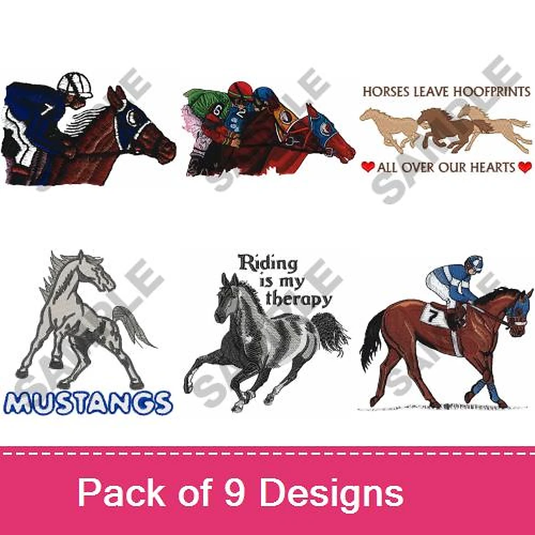 Horse Racing and Riding Embroidery Bundle – Horse Race with Jockeys, Horses Leave Hoofprints, Mustangs & More (9 Designs)