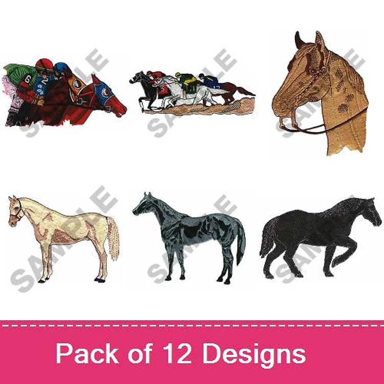Horse Racing & Equine Art Embroidery Designs Bundle – Jockeys, Horse Head Portrait, Palomino, Bay & More (12 Designs)
