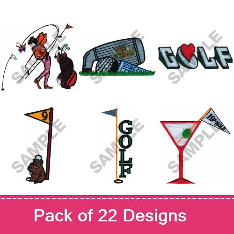 Golf Themed Embroidery Designs Bundle – Golfer with Club, Golf Course, Golf Text with Heart & More (22 Designs)