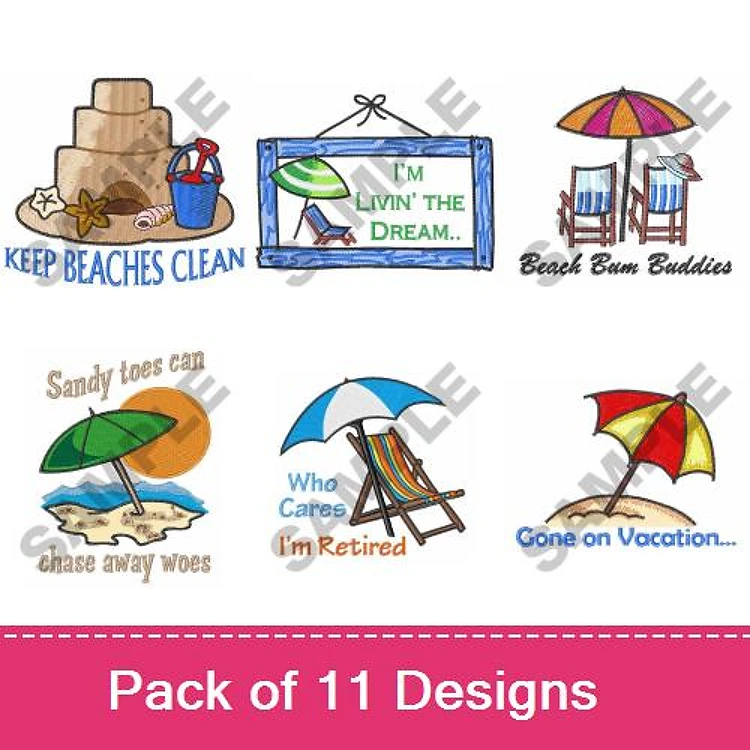 Beach and Vacation Embroidery Designs Bundle – Keep Beaches Clean, Livin' the Dream, Sandy Toes & More (11 Designs)
