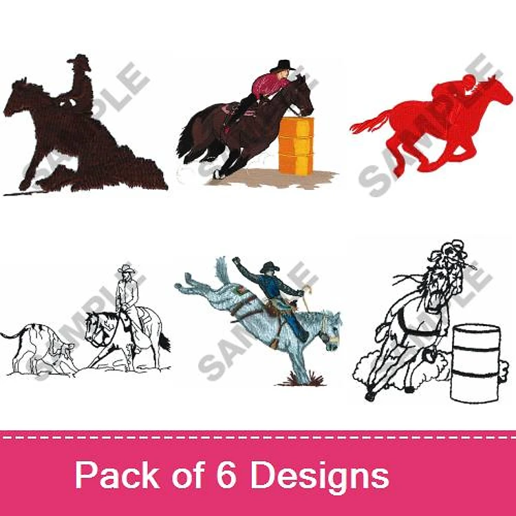 Horse Riding Scenes Embroidery Bundle – Horseback Rider with Barrel, Galloping Horse, Cowboy on Horseback & More (6 Designs)