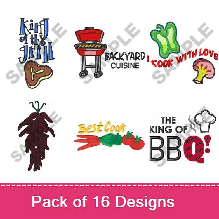 BBQ and Cooking Embroidery Designs Bundle – King of the Grill, Chef Hat, Chili Peppers & More (16 Designs)